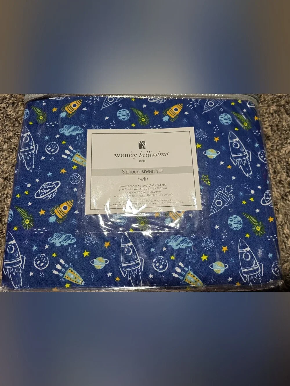 Wendy Bellissimo Kids Twin 3-Piece Sheet Set - Blue Space Rocket Print